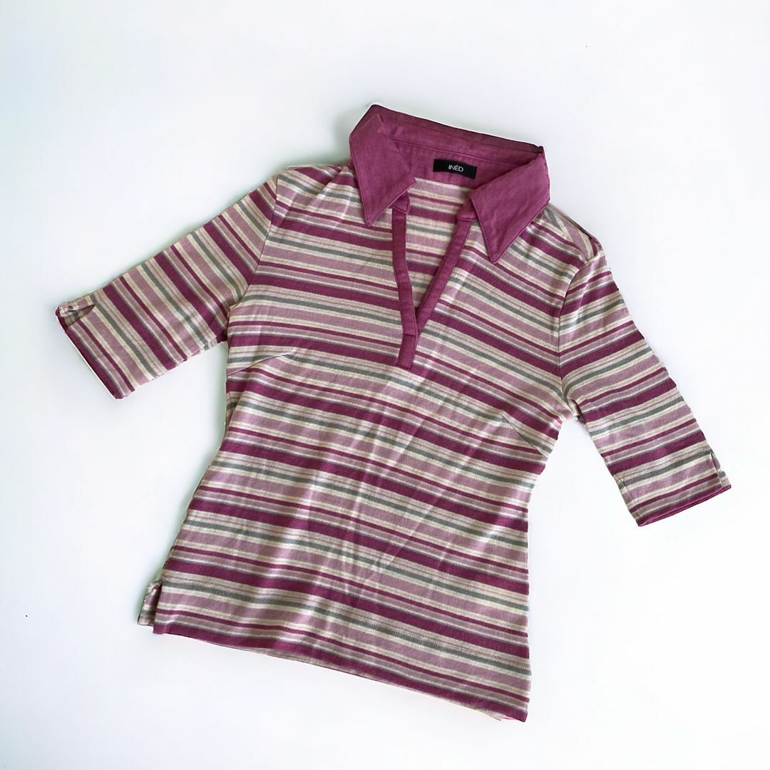 INED(イネド)のINÉD イネド　ピチピチ 半袖ポロシャツ　9号　M　マルチカラー ボーダー レディースのトップス(ポロシャツ)の商品写真