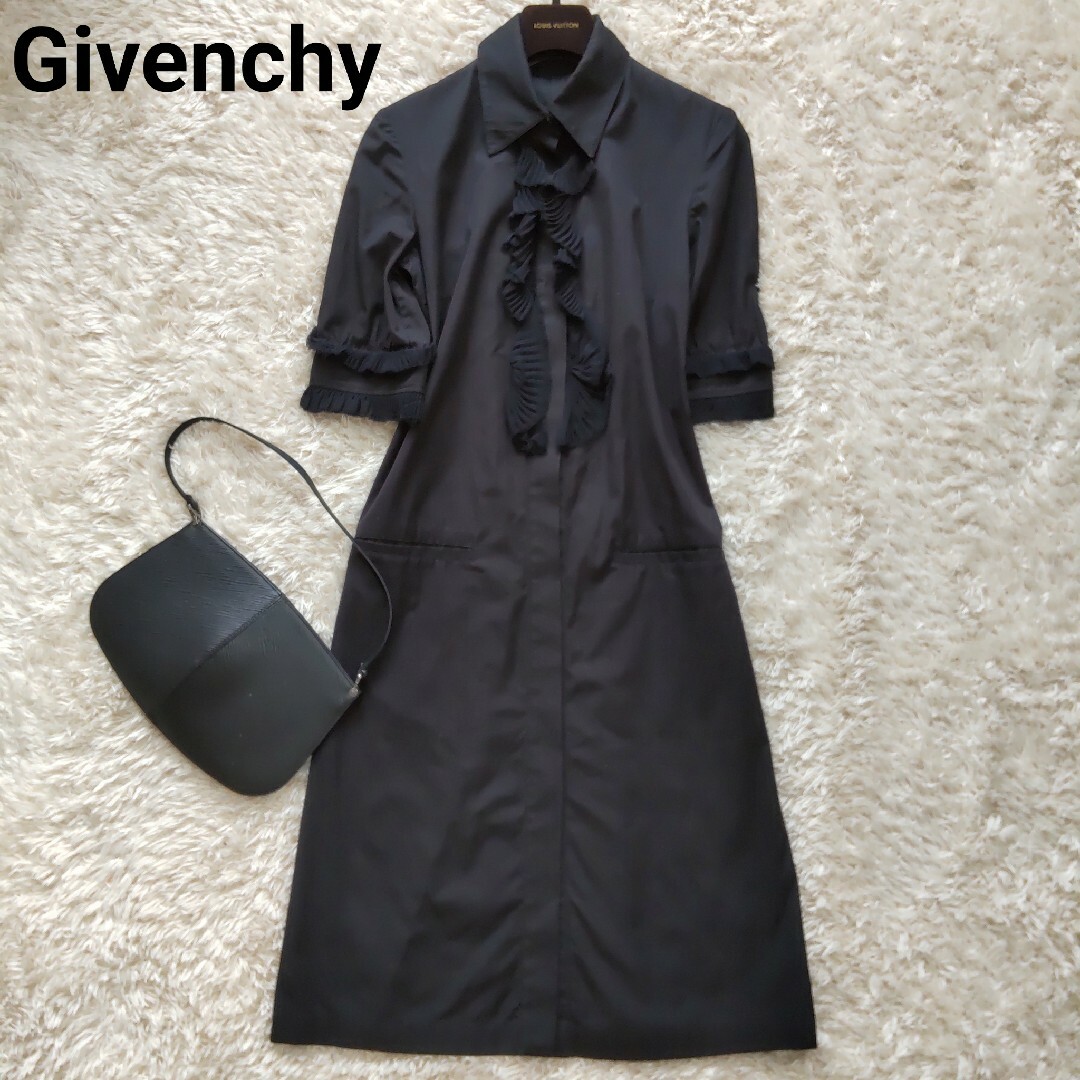 GIVENCHY(ジバンシィ)の良品 ジバンシー フリル シャツワンピース 比翼 ブラック ノースリーブ 36 レディースのワンピース(ひざ丈ワンピース)の商品写真