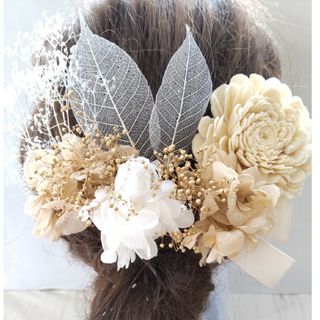 ゴールドシャンパン♪髪飾り♪ヘッドドレス♪ドライフラワー♪結婚式♪前撮り♪成人式(ヘアアクセサリー)