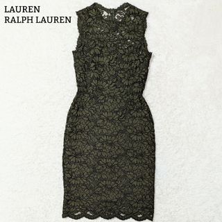 Ralph Lauren - 美品 ローレンラルフローレン ノースリーブワンピース 花柄 レース L カーキ