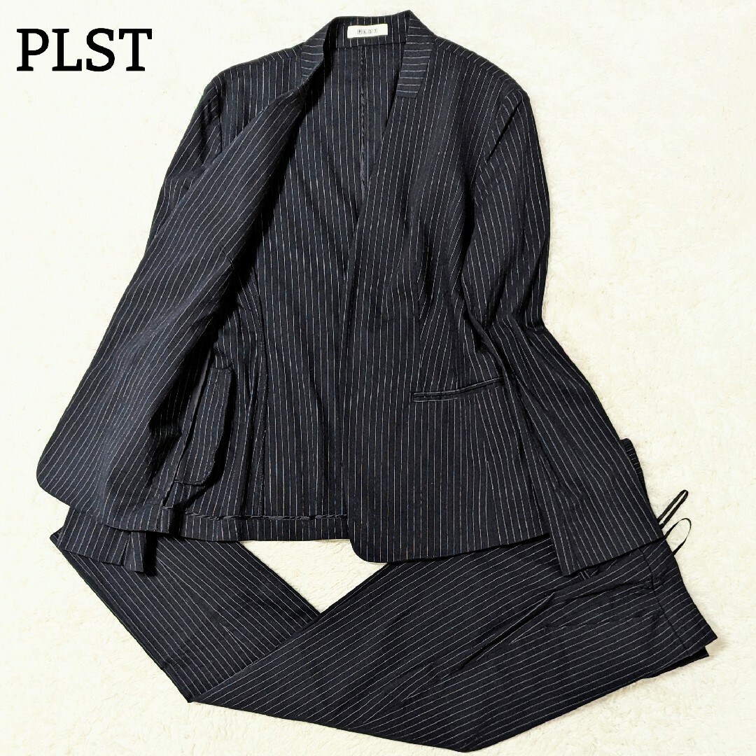 PLST(プラステ)の極美品 プラステ リネン混 パンツスーツ セットアップ ストライプ L/M 濃紺 レディースのフォーマル/ドレス(スーツ)の商品写真