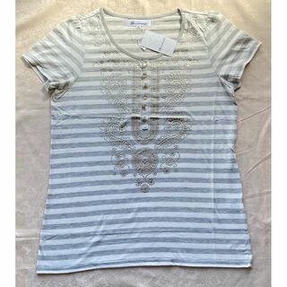 【新品】【レディース１５号】プリントボーダーＴシャツ　グレー×ホワイト(Tシャツ(半袖/袖なし))