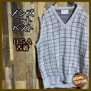 メンズ ニット ベスト チェック グレー L USA古着 90s(ベスト)