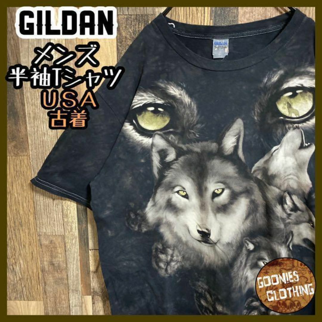 GILDAN(ギルタン)のギルダン ザマウンテン アニマル オオカミ Tシャツ USA古着 半袖 L メンズのトップス(Tシャツ/カットソー(半袖/袖なし))の商品写真