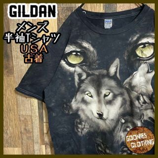 ギルタン(GILDAN)のギルダン ザマウンテン アニマル オオカミ Tシャツ USA古着 半袖 L(Tシャツ/カットソー(半袖/袖なし))