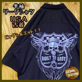 USA古着 90s 半袖 ワークシャツ スカル ブラック ゆるダボ レーシング(Tシャツ/カットソー(半袖/袖なし))