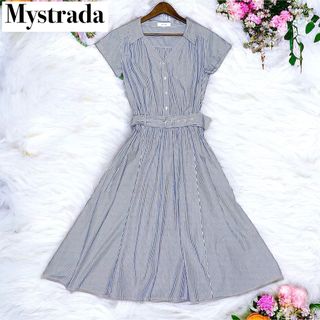 マイストラーダ(Mystrada)の美品★Mystrada ワンピース ロング丈 半袖 ベルト付 ストライプ ブルー(ロングワンピース/マキシワンピース)