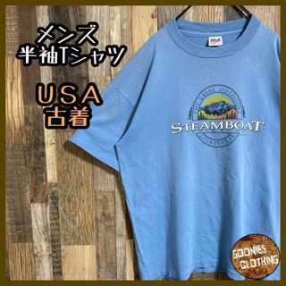 メンズ 半袖 Tシャツ ブルー アウトドア プリT USA古着 90s(Tシャツ/カットソー(半袖/袖なし))