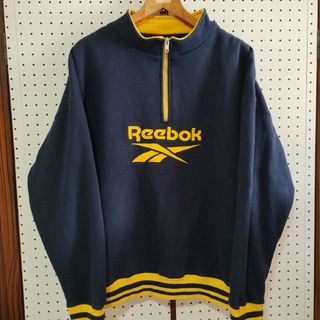 Reebok　リーボック　ハーフジップ　トレーナー　XL　古着　青✕黄　デカロゴ