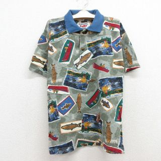 古着 半袖 ポロ シャツ キッズ ボーイズ 子供服 90年代 90s 魚　釣り 鹿の子 コットン USA製 緑他 グリーン 24apr12(その他)