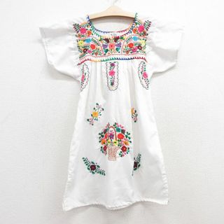 古着 半袖 シャツ ワンピース キッズ ガールズ 子供服 花 手縫い刺繍 コットン 白 ホワイト 24apr12