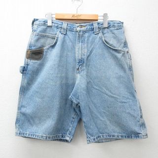 ラングラー(Wrangler)のW35★古着 ラングラー Wrangler ショート ペインター パンツ ショーツ メンズ コットン 薄紺 ネイビー デニム 24apr12 中古 ボトムス 短パン ショーパン(ワークパンツ/カーゴパンツ)