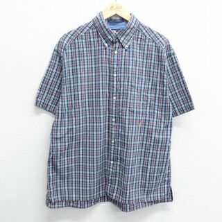 トミーヒルフィガー(TOMMY HILFIGER)のXL★古着 トミーヒルフィガー TOMMY HILFIGER 半袖 ブランド シャツ メンズ 90年代 90s ワンポイントロゴ コットン ボタンダウン 濃紺他 ネイビー チェック 24apr12 中古 トップス(シャツ)