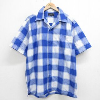 XL★古着 半袖 シャツ メンズ 開襟 オープンカラー 青他 ブルー チェック 24apr12 中古 トップス(シャツ)