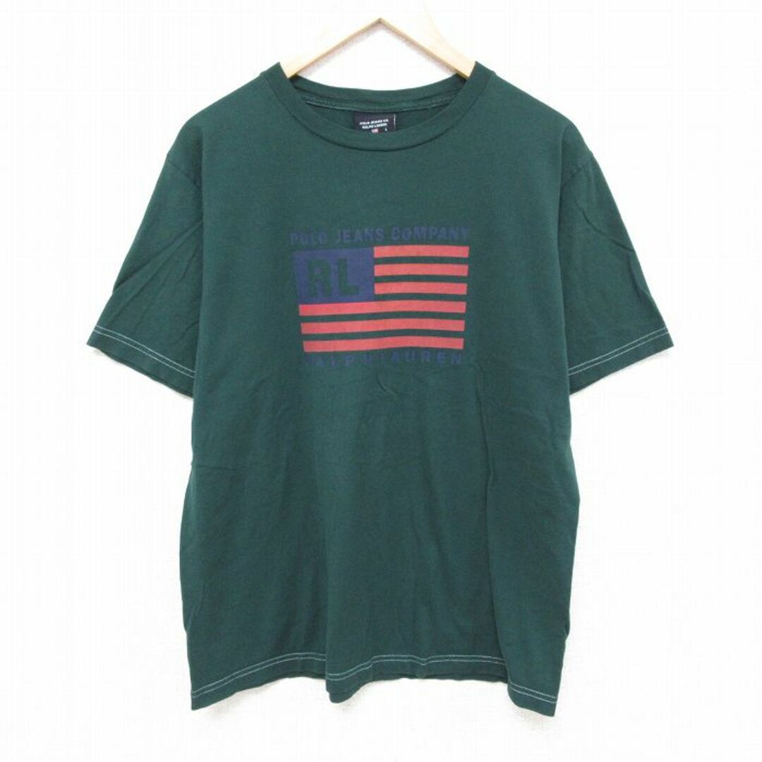 Ralph Lauren(ラルフローレン)のL★古着 ラルフローレン Ralph Lauren ポロジーンズ 半袖 ブランド Tシャツ メンズ ビッグロゴ コットン クルーネック 緑 グリーン 24apr12 中古 メンズのトップス(Tシャツ/カットソー(半袖/袖なし))の商品写真