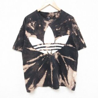 アディダス(adidas)のXL★古着 アディダス adidas 半袖 ブランド Tシャツ メンズ ビッグロゴ リーフ トレフォイル 大きいサイズ コットン クルーネック 黒他 ブラック ブリーチ加工 24apr12 中古(Tシャツ/カットソー(半袖/袖なし))