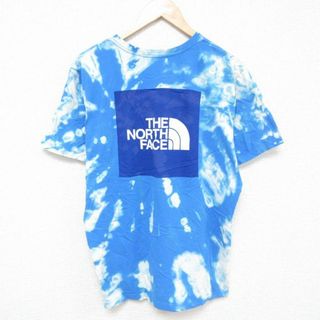 ノースフェイス(North Face)のL★古着 ノースフェイス THE NORTH FACE 半袖 ブランド Tシャツ メンズ ビッグロゴ コットン クルーネック 水色他 ブリーチ加工 24apr12 中古(Tシャツ/カットソー(半袖/袖なし))