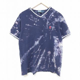 ラルフローレン(Ralph Lauren)のXL★古着 ラルフローレン Ralph Lauren 半袖 ブランド Tシャツ メンズ 90年代 90s ワンポイントロゴ 鹿の子 コットン Vネック 紺他 ネイビー ブリーチ加工 24apr12 中古(Tシャツ/カットソー(半袖/袖なし))