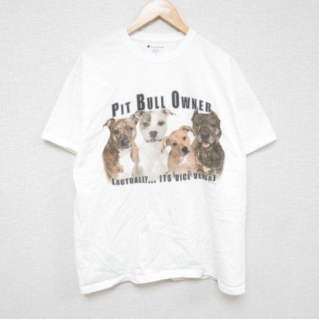 Champion(チャンピオン)のL★古着 チャンピオン Champion 半袖 ブランド Tシャツ メンズ 犬 コットン クルーネック 白 ホワイト 24apr12 中古 メンズのトップス(Tシャツ/カットソー(半袖/袖なし))の商品写真