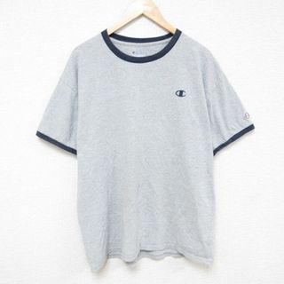 チャンピオン(Champion)のXL★古着 チャンピオン Champion 半袖 ブランド Tシャツ メンズ ワンポイントロゴ クルーネック グレー リンガー 霜降り 24apr12 中古(Tシャツ/カットソー(半袖/袖なし))