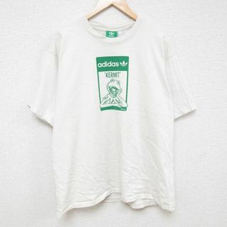 アディダス(adidas)のXL★古着 アディダス adidas 半袖 ブランド Tシャツ メンズ ディズニー DISNEY マペッツ カーミット 大きいサイズ コットン クルーネック 薄ベージュ カーキ 24apr12 中古(Tシャツ/カットソー(半袖/袖なし))