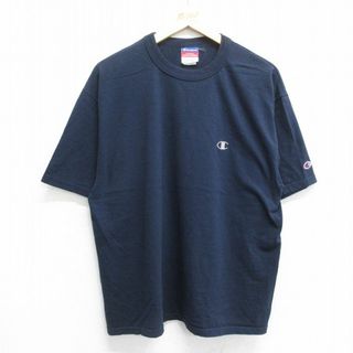 チャンピオン(Champion)のL★古着 チャンピオン champion 半袖 ビンテージ Tシャツ メンズ 00年代 00s ワンポイントロゴ コットン クルーネック 濃紺 ネイビー 24apr12 中古(Tシャツ/カットソー(半袖/袖なし))