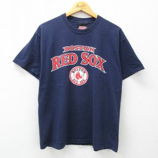 L★古着 半袖 ビンテージ Tシャツ メンズ 00年代 00s MLB ボストンレッドソックス コットン クルーネック 紺 ネイビー メジャーリーグ ベースボール 野球 24apr12 中古(Tシャツ/カットソー(半袖/袖なし))