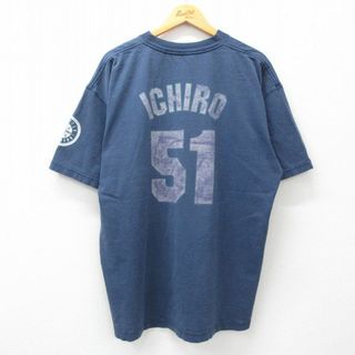 マジェスティック(Majestic)のXL★古着 マジェスティック 半袖 ビンテージ Tシャツ メンズ 00年代 00s MLB シアトルマリナーズ イチロー 51 大きいサイズ コットン クルーネック 紺 ネイビー メジャーリーグ ベースボール 野球 【spe】 24apr12 中古(Tシャツ/カットソー(半袖/袖なし))