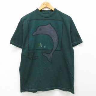 ヘインズ(Hanes)のL★古着 ヘインズ Hanes 半袖 ビンテージ Tシャツ メンズ 90年代 90s キーウエスト イルカ ハンドペイント コットン クルーネック USA製 緑 グリーン 24apr12 中古(Tシャツ/カットソー(半袖/袖なし))