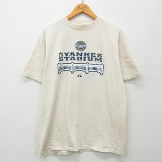 マジェスティック(Majestic)のL★古着 マジェスティック 半袖 ビンテージ Tシャツ メンズ 00年代 00s MLB ニューヨークヤンキース コットン クルーネック 薄ベージュ カーキ メジャーリーグ ベースボール 野球 24apr12 中古(Tシャツ/カットソー(半袖/袖なし))