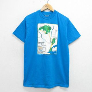 ヘインズ(Hanes)のL★古着 ヘインズ Hanes 半袖 ビンテージ Tシャツ メンズ 90年代 90s 地図 ニューヨーク コットン クルーネック USA製 青 ブルー 24apr12 中古(Tシャツ/カットソー(半袖/袖なし))