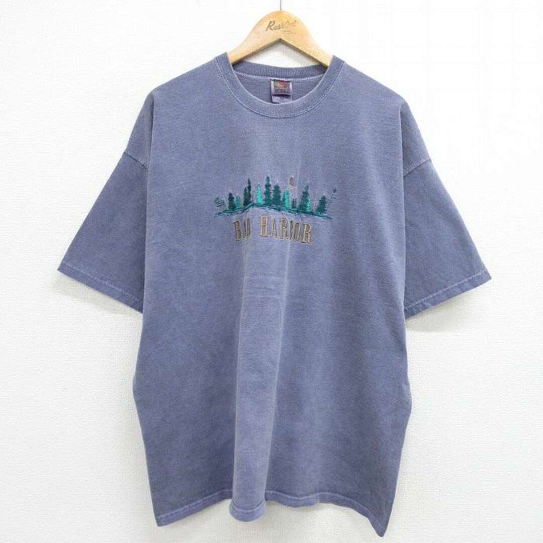 FRUIT OF THE LOOM(フルーツオブザルーム)のXL★古着 フルーツオブザルーム 半袖 ビンテージ Tシャツ メンズ 90年代 90s BAR HARBOR 刺繍 大きいサイズ コットン クルーネック USA製 紺系 ネイビー 24apr12 中古 メンズのトップス(Tシャツ/カットソー(半袖/袖なし))の商品写真