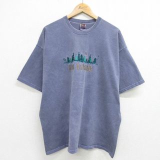 フルーツオブザルーム(FRUIT OF THE LOOM)のXL★古着 フルーツオブザルーム 半袖 ビンテージ Tシャツ メンズ 90年代 90s BAR HARBOR 刺繍 大きいサイズ コットン クルーネック USA製 紺系 ネイビー 24apr12 中古(Tシャツ/カットソー(半袖/袖なし))