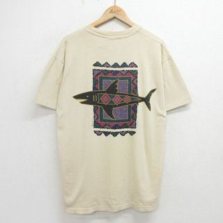 XL★古着 半袖 ビンテージ Tシャツ メンズ 90年代 90s サメ コットン クルーネック USA製 ベージュ カーキ 24apr12 中古(Tシャツ/カットソー(半袖/袖なし))