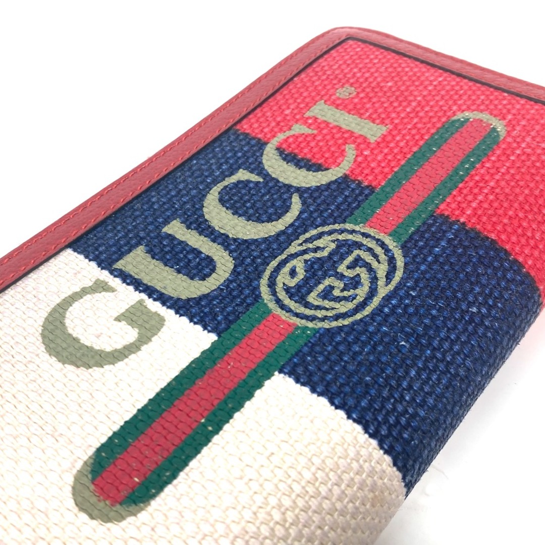 Gucci(グッチ)のグッチ GUCCI ロゴ ストライプ 524790 ロングウォレット ラウンドファスナー 長財布 キャンバス/レザー レッド 美品 レディースのファッション小物(財布)の商品写真