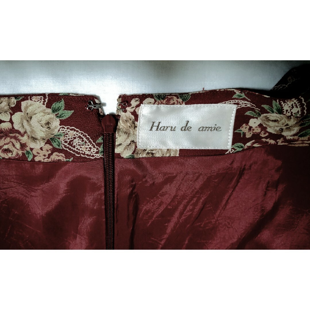 日本製 花柄 ワンピース ローズ リボン フラワー 立体縫製 レッド レディースのワンピース(ロングワンピース/マキシワンピース)の商品写真