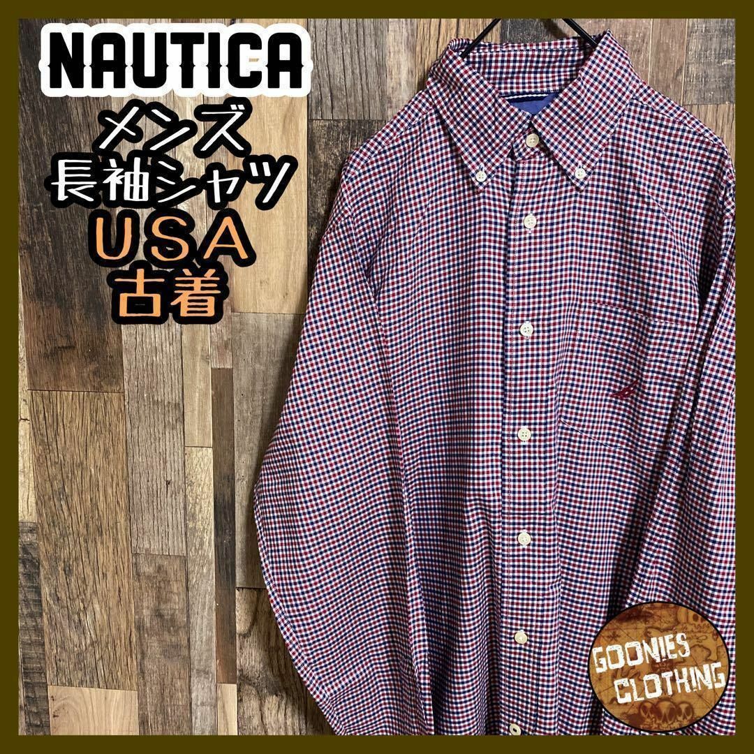 NAUTICA(ノーティカ)のNAUTICA チェック レッド ネイビー ボタンダウン シャツ ロゴ 古着 メンズのトップス(シャツ)の商品写真