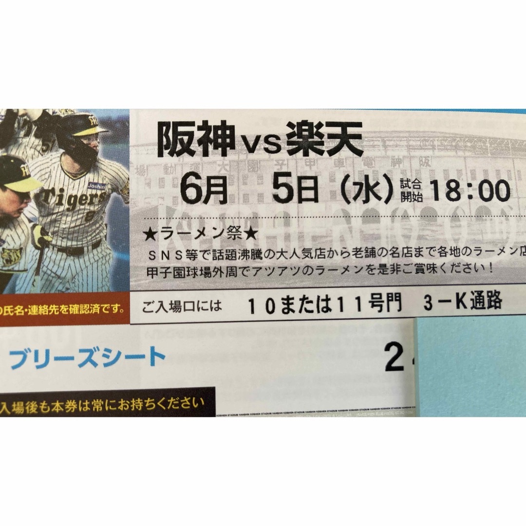 阪神タイガース(ハンシンタイガース)の6/5(水)　阪神楽天　通路横ブリーズシートペア  チケットのスポーツ(野球)の商品写真