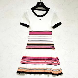 クレージュ(Courreges)の極美品✨ クレージュ　ワンピース　ロゴ　リブニット　ボーダー　フレア　白　40(ひざ丈ワンピース)