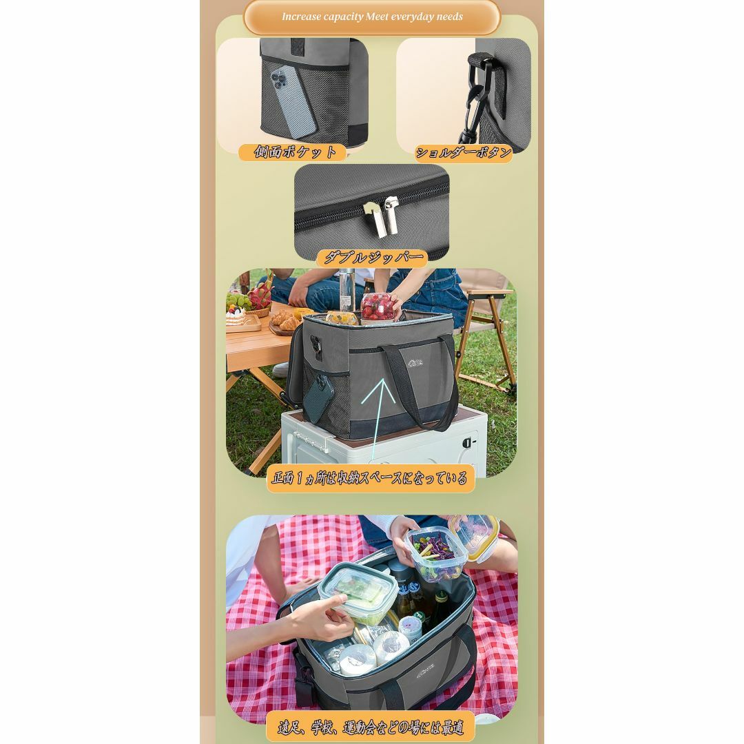 【色: グレー】WYMECT クーラーバッグ 保冷/保温バッグ 弁当箱 大容量3 スポーツ/アウトドアのアウトドア(その他)の商品写真
