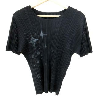 プリーツプリーズイッセイミヤケ(PLEATS PLEASE ISSEY MIYAKE)のPLEATS PLEASE(プリーツプリーズ) 半袖Tシャツ サイズ3 L レディース美品  - 黒×シルバー プリーツ(Tシャツ(半袖/袖なし))