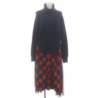 サカイ(sacai)のサカイ ハイネックドッキングニットワンピース チェック 紺 赤18-03966(ロングワンピース/マキシワンピース)