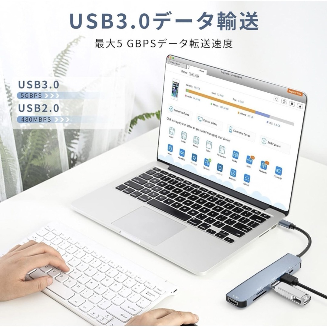 USB C ハブ 6 in 1 Type C アダプタ マルチポート スマホ/家電/カメラのPC/タブレット(PC周辺機器)の商品写真