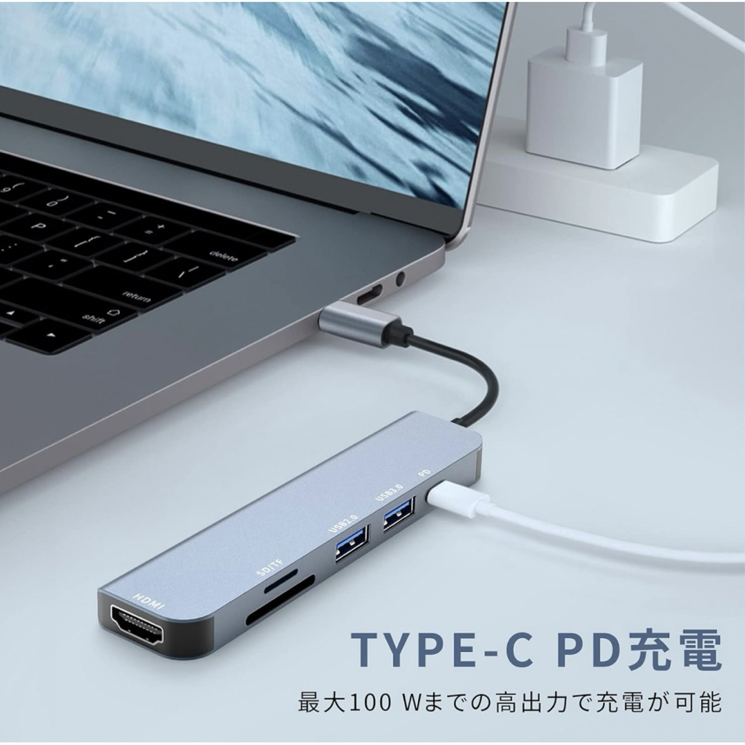 USB C ハブ 6 in 1 Type C アダプタ マルチポート スマホ/家電/カメラのPC/タブレット(PC周辺機器)の商品写真