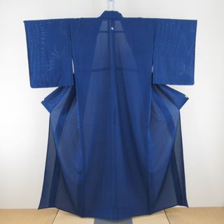 夏着物 単衣 絽 広衿 正絹 絽 色無地 青色 一つ紋 夏用 仕立て上がり 身丈154cm 美品(浴衣)