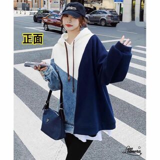 XL【新品】春　薄手　パーカー　デニムデザイン　ストリート　フード(ロングワンピース/マキシワンピース)