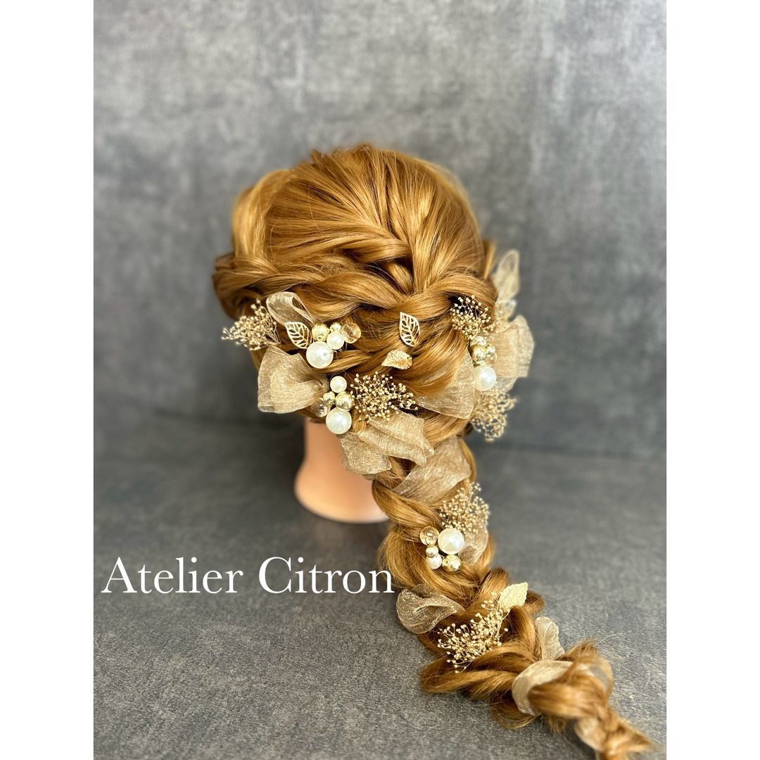 髪飾り　結婚式成人式パールリボン編みおろしヘアアクセサリーパーティーヘッドドレス ハンドメイドのウェディング(ヘッドドレス/ドレス)の商品写真