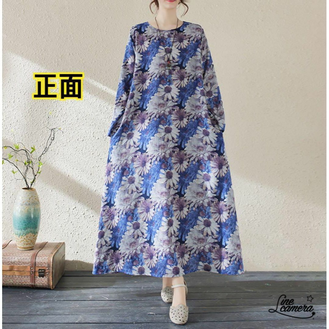 XL【新品】春夏　薄手　丸襟　Aライン　花柄　マキシ丈　ゆったり レディースのワンピース(ロングワンピース/マキシワンピース)の商品写真