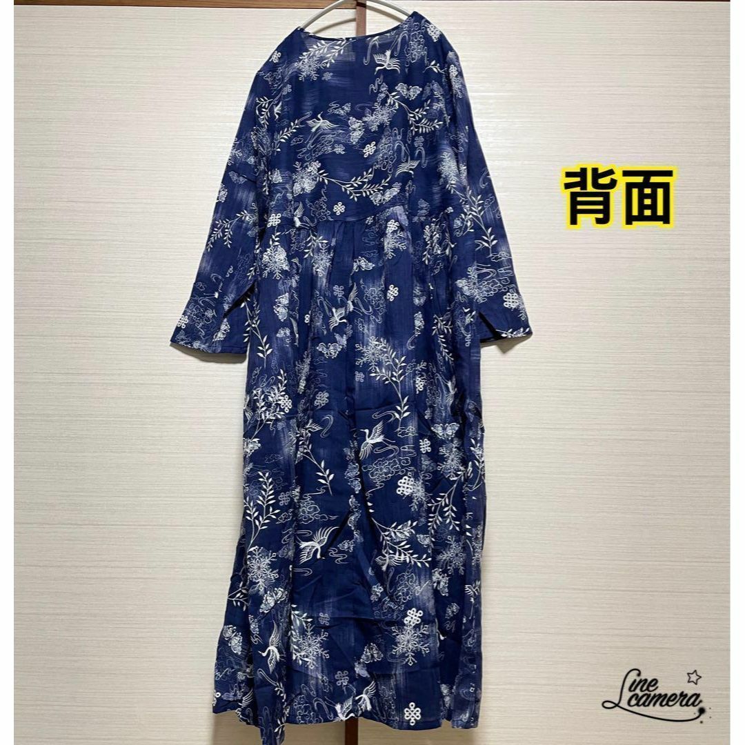 XL【新品】春夏　薄手　丸襟　ボタニカル　鶴　蝶　マキシ丈　ゆったり レディースのワンピース(ロングワンピース/マキシワンピース)の商品写真