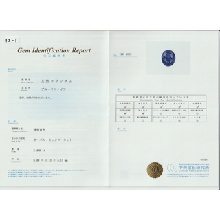 ブルーサファイヤ 2.49ct 非加熱　中央宝石研究所鑑別書付き(リング)